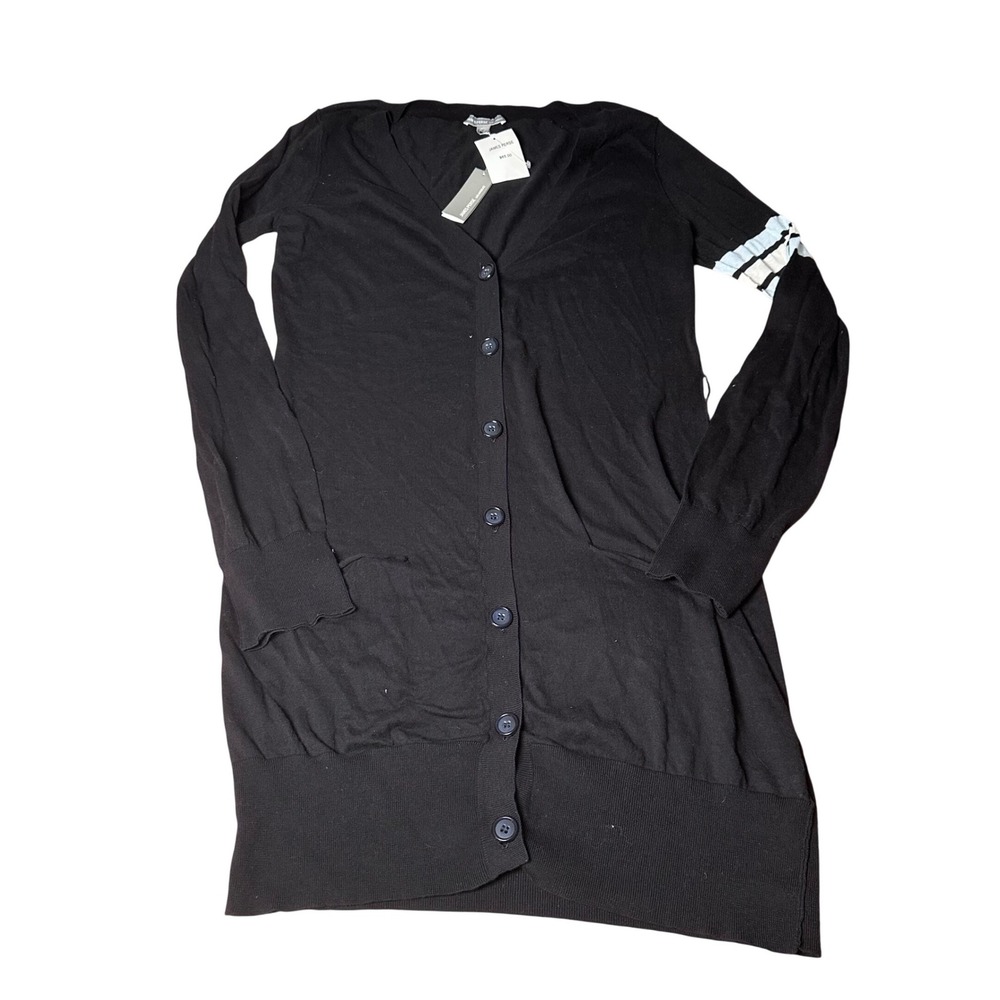 James Perse Black Longline Button Front Cardigan Sweater Stripe Sleeve Size 4